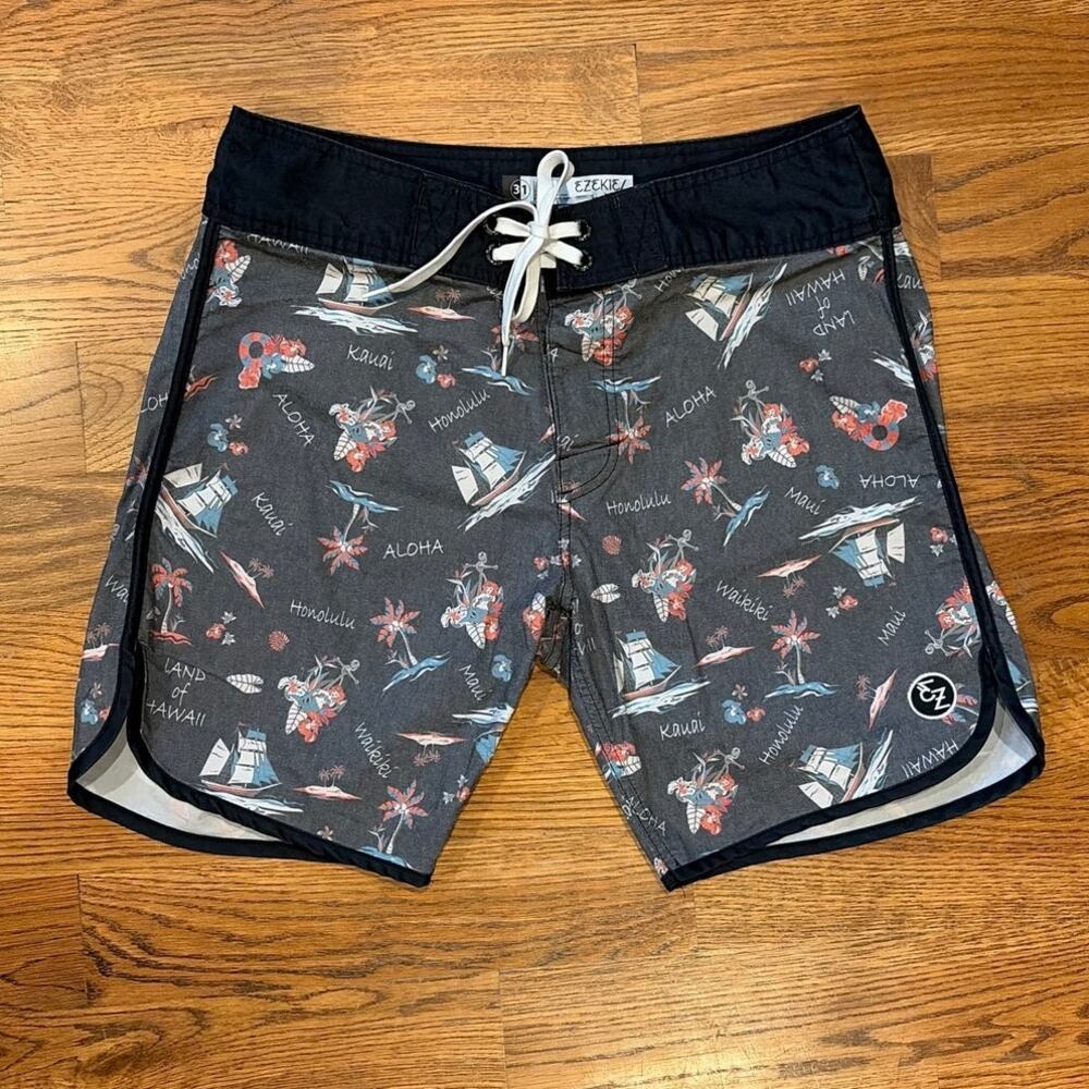 EZEKIEL Men's 8" Hybrid Board Shorts Swim Trunks Size 31 - Gray Hawaii Aloha